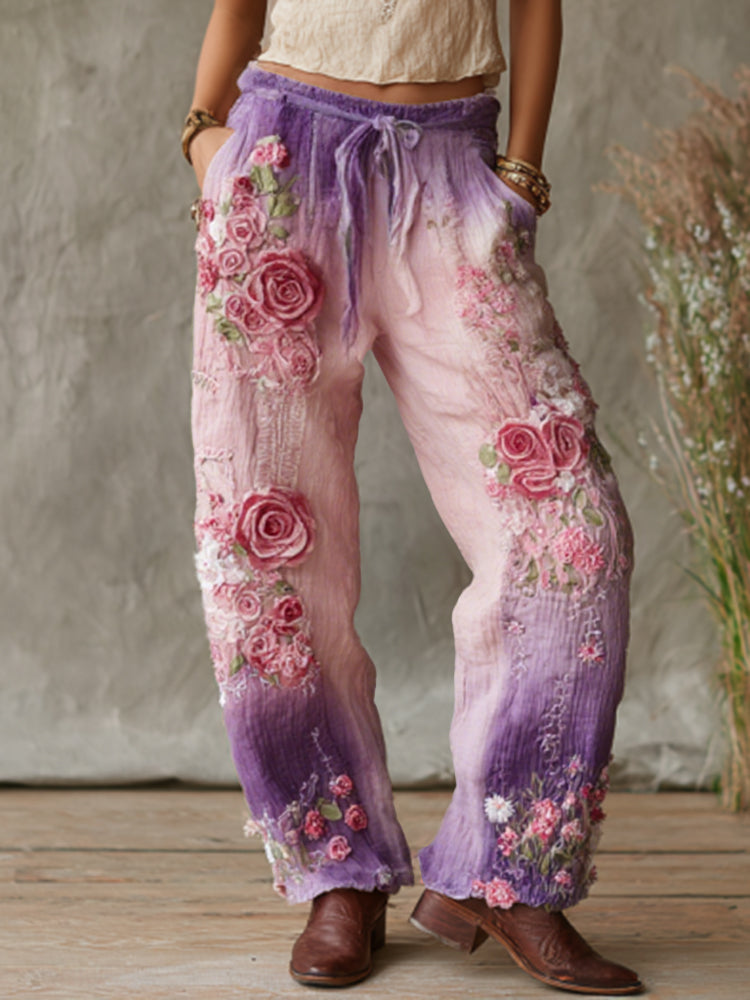 Love & Health Collection Retro Western Women Style Vintage Rose And Floral Patchwork Art Linen Pants artswardrobe
