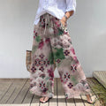 Comstylish Retro Elegant Japanese Watercolor Art Print Cotton Linen Wide Leg Pants