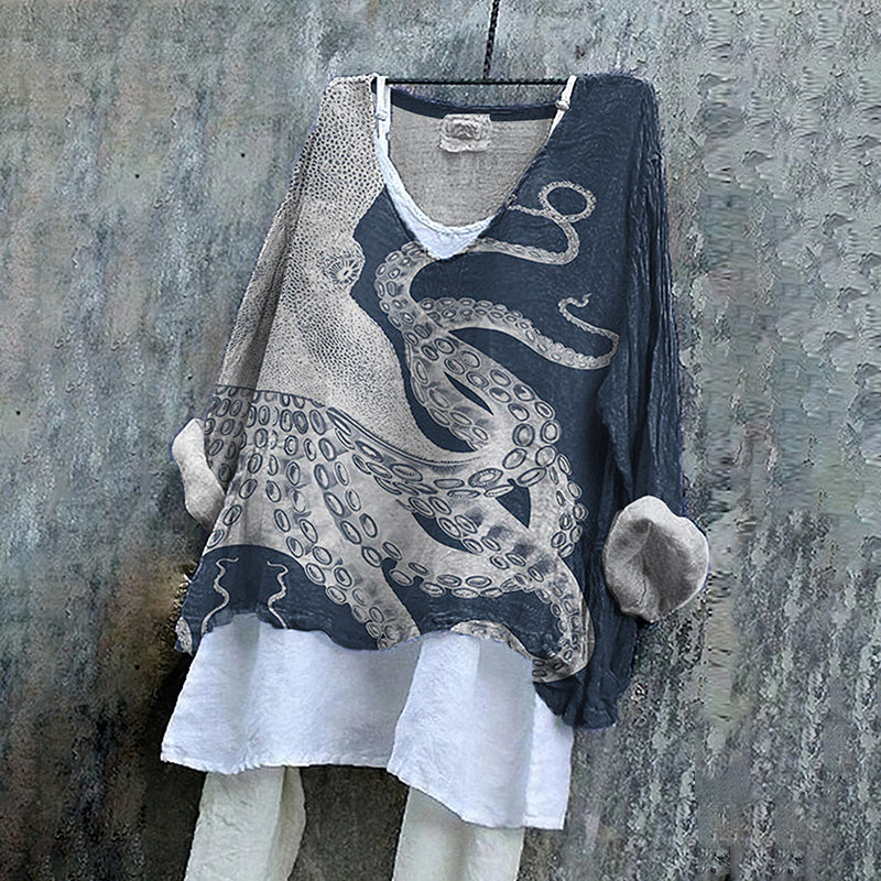 Comstylish Japanese Art Octopus Graphic Printed V-Neck Casual Blouse