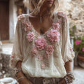 Comstylish Women's Vintage Floral Embroidered Long-sleeved Top