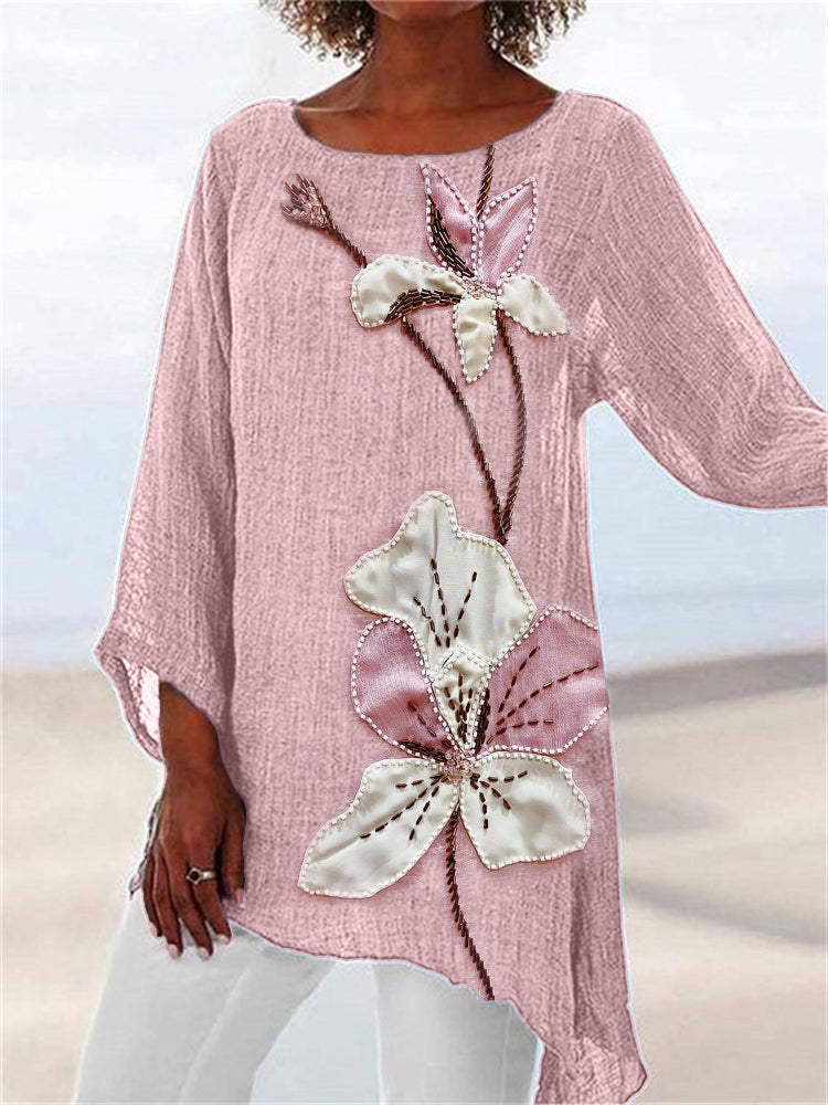 Comstylish Classy Flowers Fiber Art Linen Blend Flowy Tunic