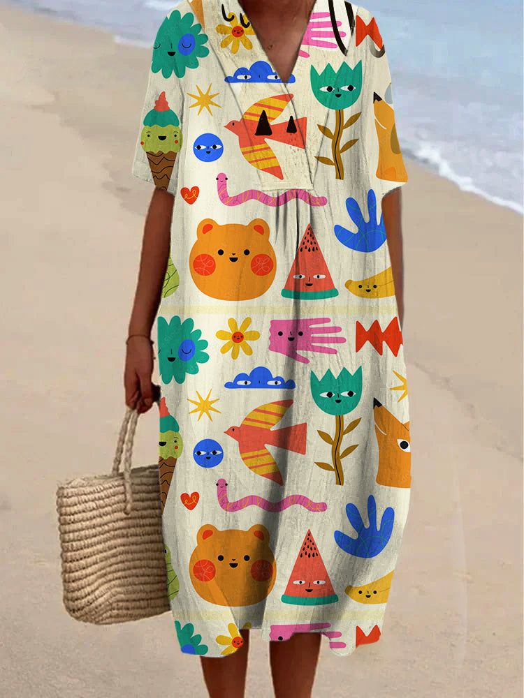 Cartoon Simple Strokes Pattern Animals And Plants Printed Women's Casual Cotton And Linen