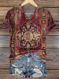 Women's Vintage Ethnic Floral Art Print V-Neck Casual T-Shirt