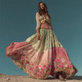 Vintage Pink Rose Embroidered Patchwork Flowy Linen Wide Skirt artswardrobe