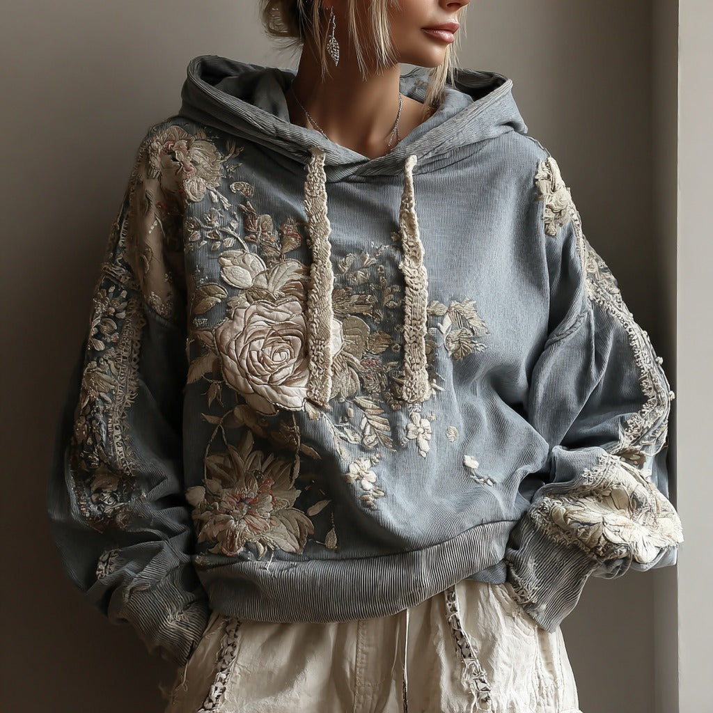 Women's Vintage Rose Floral Art Casual Warm Hoodie