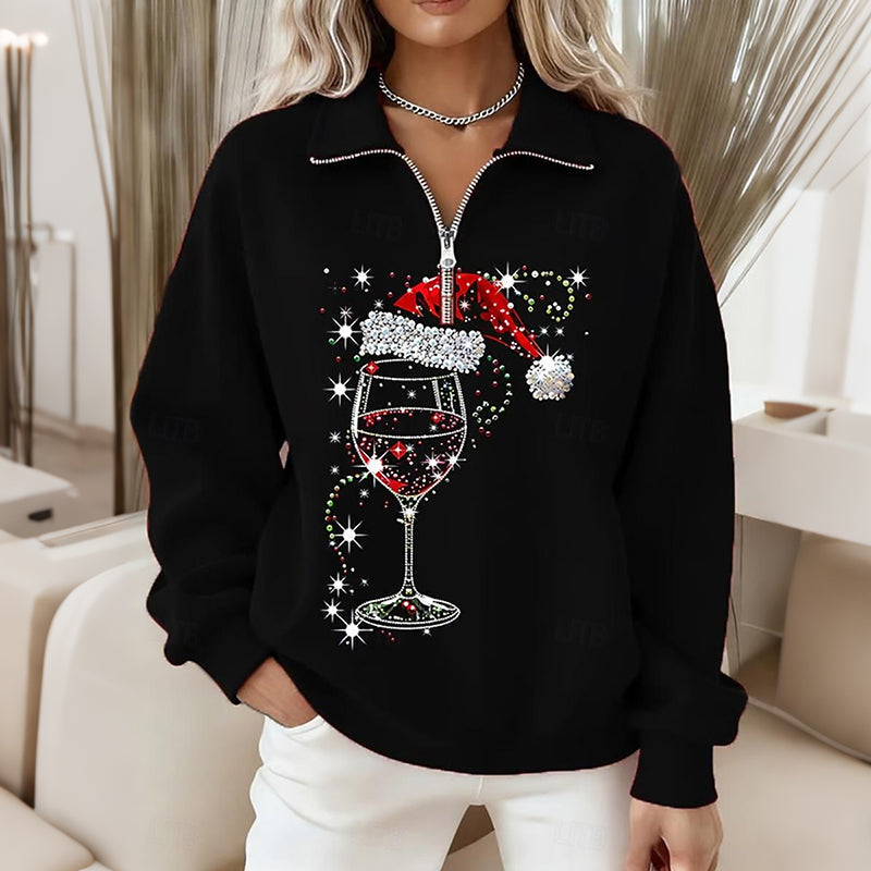 Comstylish Women's Christmas Wine Glass Print Zipper Sweatshirt