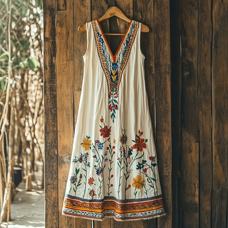 Women's Vintage Floral Embroidery Art Sleeveless Mini Dress artswardrobe