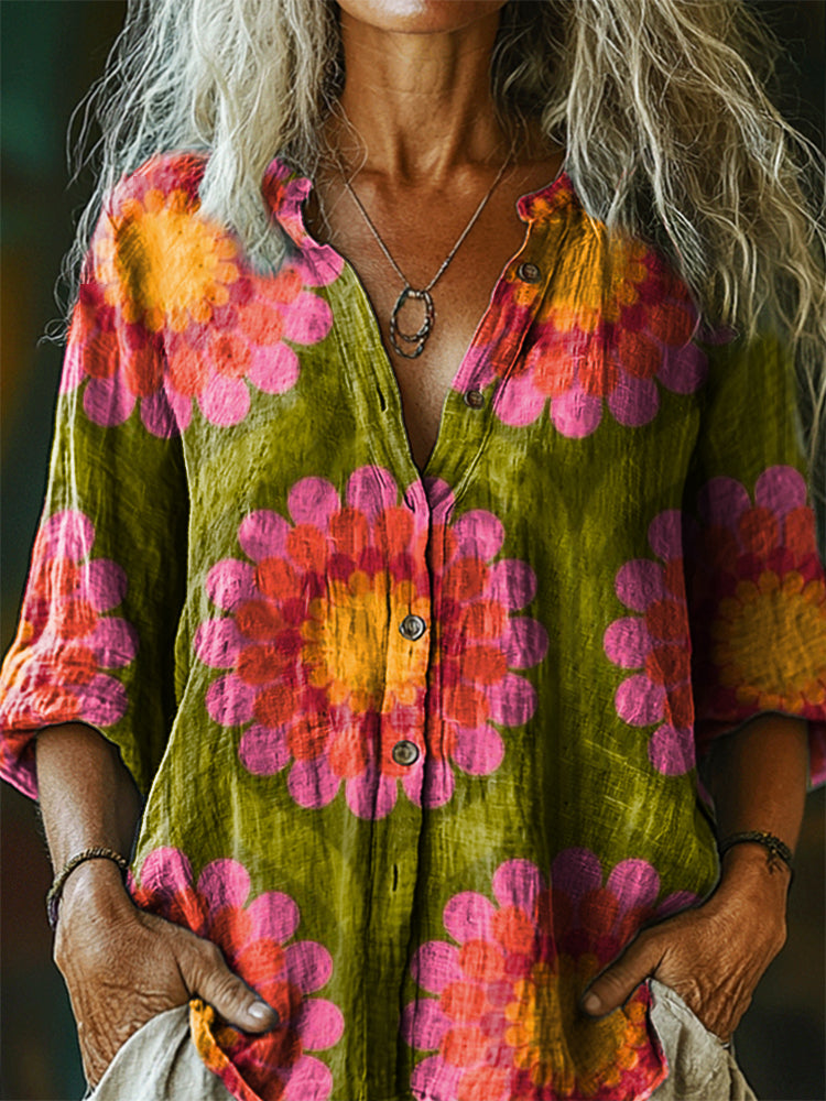 Women's Bohemian Floral Art Print Casual Cotton Linen Shirt
