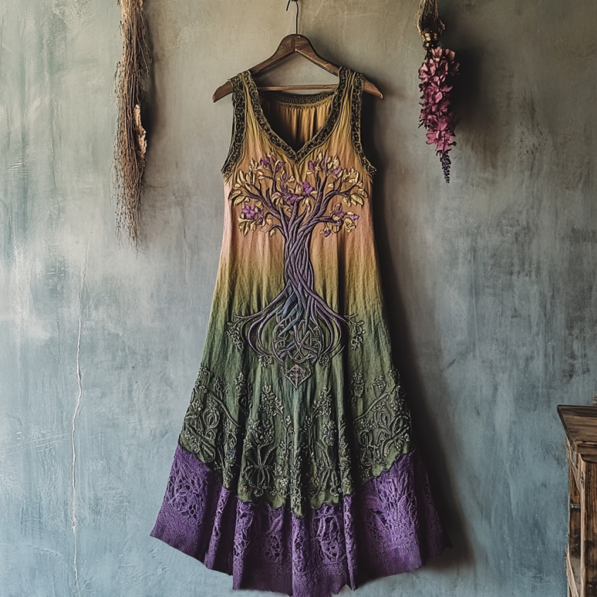 Vintage Viking Tribal Celtic Knot Life Of Tree Lace Patchwork Art Linen Tank Dress artswardrobe