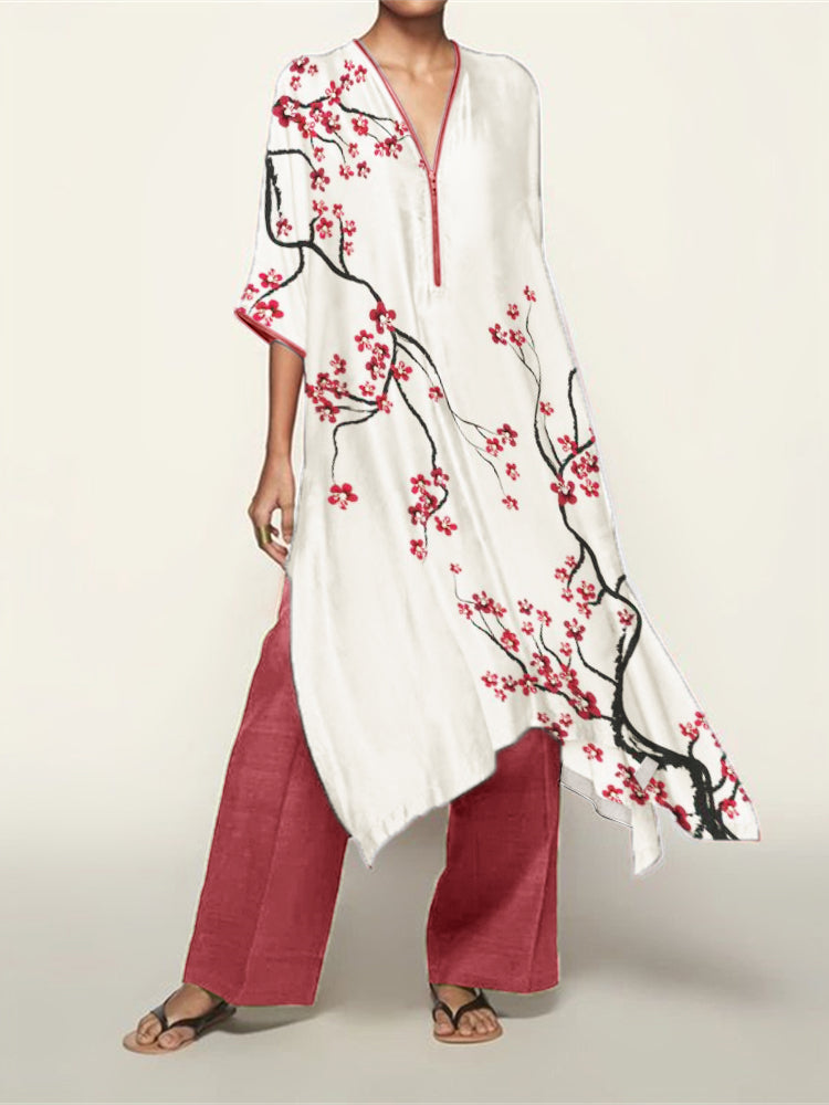Comstylish Japanese Plum Blossom Art Flowy Kaftan & Pants Set