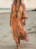 Women's Retro Totem Folk Flower Art Print Pocket Cotton Dress