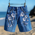 Comstylish Women's Vintage Japanese Sakura Art Casual Denim Shorts