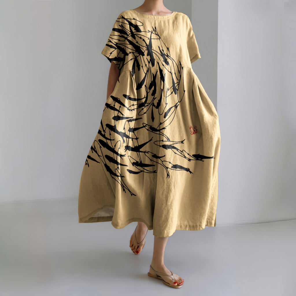 Comstylish Japanese Art Vintage Sea World Flock Of Fish Print Casual Art Linen Blend Maxi Dress