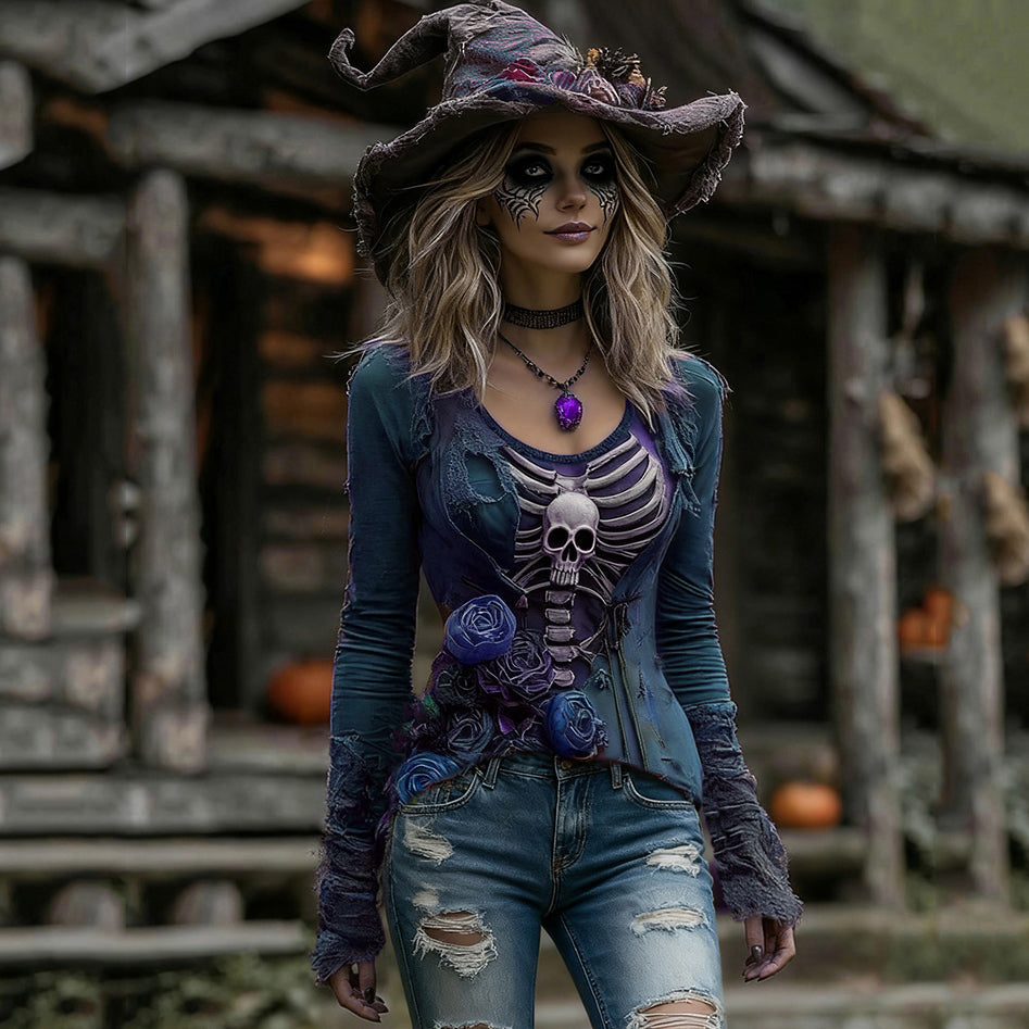 Comstylish Women's Halloween Rose Skull Witch Cosplay V-neck T-shirt