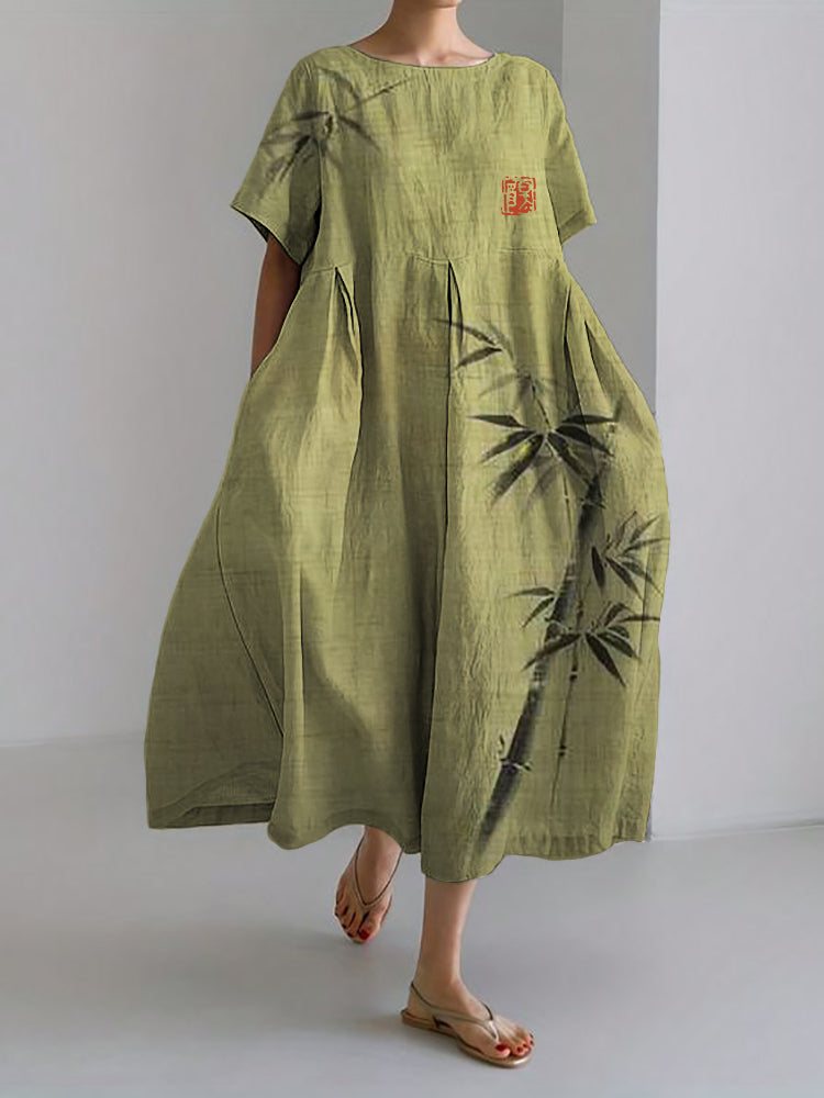 Comstylish Simple Bamboo Japanese Art Linen Blend Maxi Dress