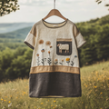 Vintage Sheep Wildflowers Patchwork Print Linen T-shirt artswardrobe