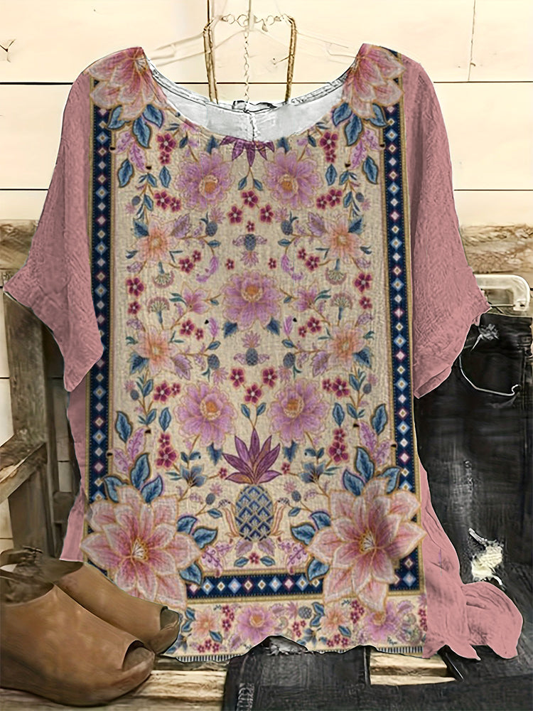Vintage Floral Art Print Casual Linen Blend Shirt