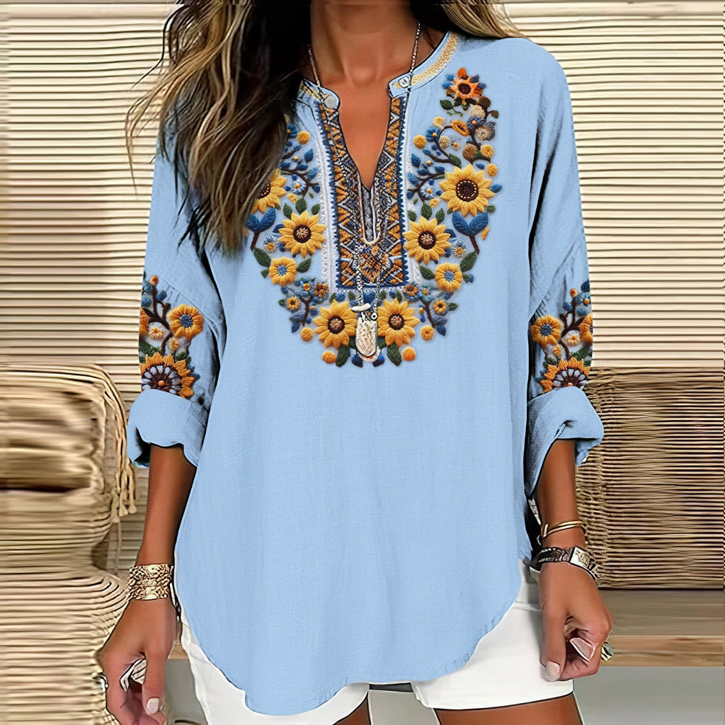 Comstylish Women's Ukraine Sunflower Embroidery Art V-neck Casual Linen Blend Blouse