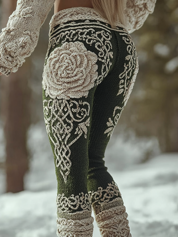 Comstylish Viking Retro Rose Women's Knitted Tight-fitting Leggings