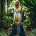 Bohemian Sunflower Embroidery Gradient Art Sleeveless Cozy Linen Maxi Dress artswardrobe