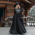 Comstylish Retro Skull Black Rose Pattern Casual Round Neck Maxi Dress