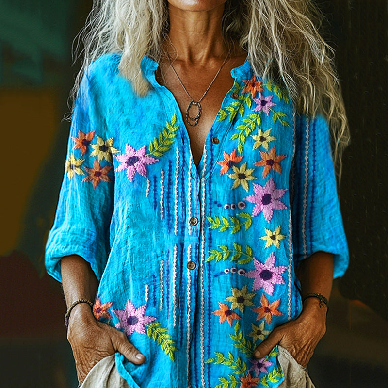 Women's Ethnic Floral Print Casual Cotton And Linen Shirt artswardrobe