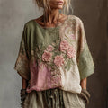 Vintage Pink Roses Embroidered Contrast Patchwork Linen Shirt artswardrobe