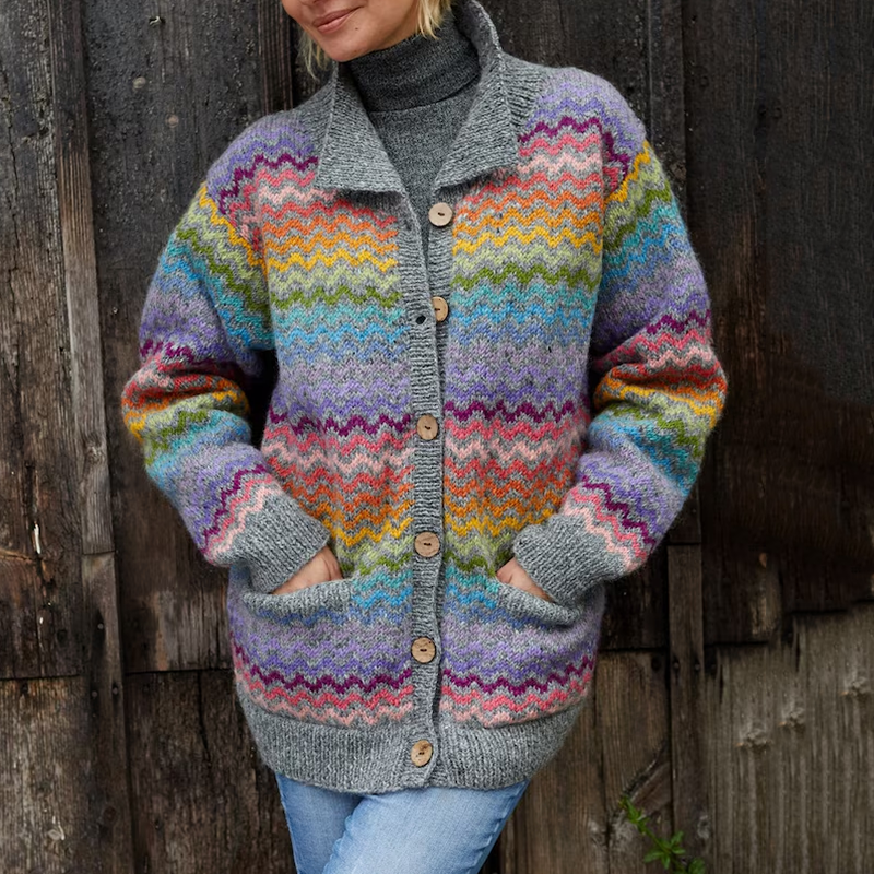 Vintage Warmth Rainbow Bright Colours Jacquard Sweater Cozy Knit Lapel Cardigan artswardrobe