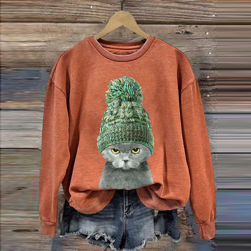 Women's Cat Print Sweatshirt elevenforest