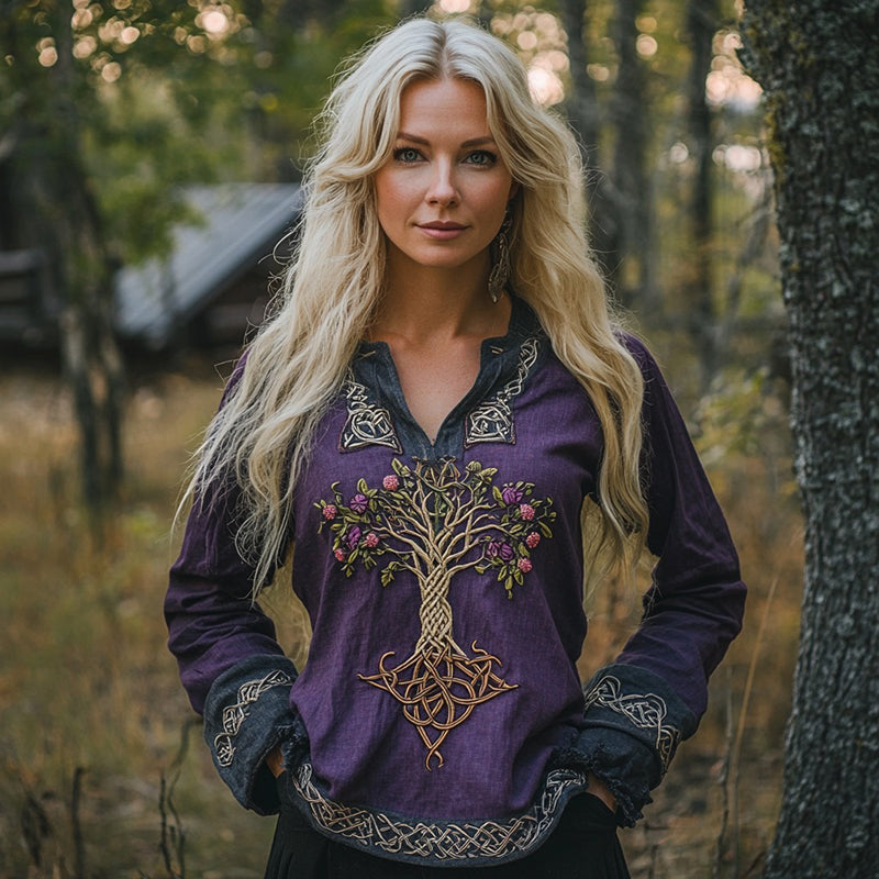 Women's Viking Floral Tree Of Life Art Linen Print Casual Shirt artswardrobe