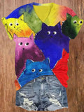 Comstylish Watercolor Rainbow Cats Print V-neck T-shirt