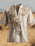 Boho Vintage Lace Floral Embroidery Men's Linen V-neck Shirt artswardrobe