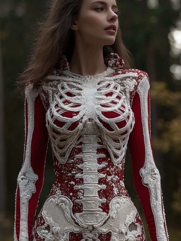 Comstylish Women's Halloween Skeleton Floral Embroidered Dress
