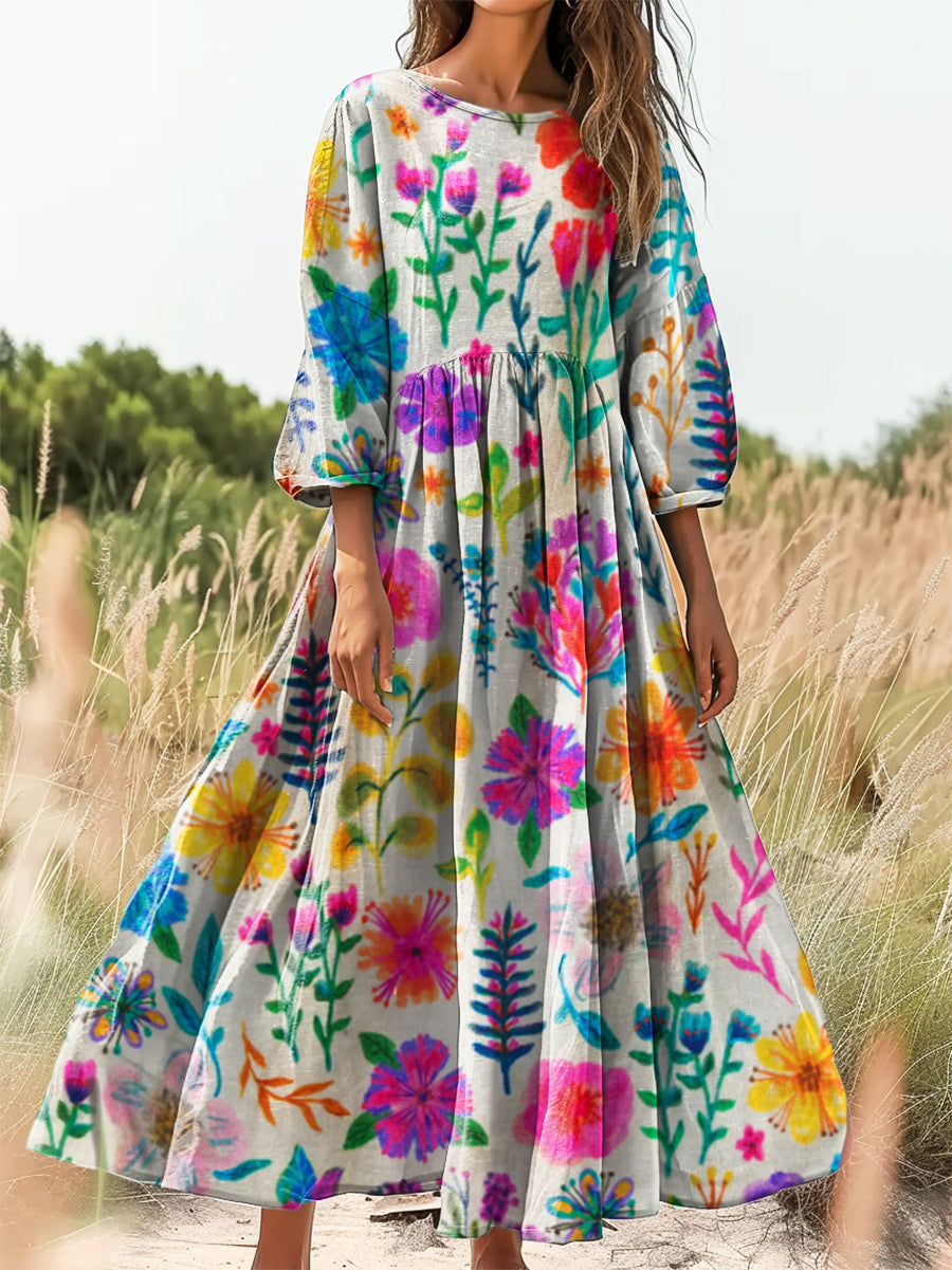 Women's Vintage Floral Art Print Flowy Cotton Crew Neck Dress