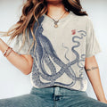 Comstylish Retro Japanese Art Octopus Print Crew Neck Short Sleeved Casual T-Shirt