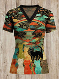 Comstylish Rainbow Bridge Cats Print Women's V Neck T-shirt