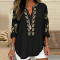 Comstylish Women's Vintage Ethnic Floral Linen V-neck Shirt