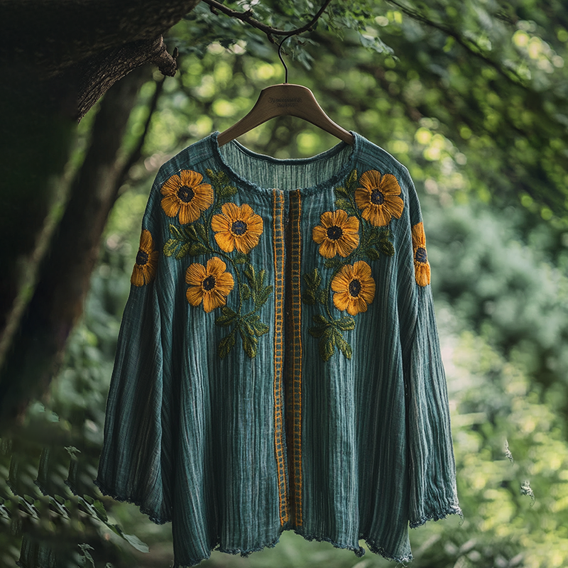 Women's Vintage Floral Embroidery Round Neck Linen Blend Loose T-shirt artswardrobe