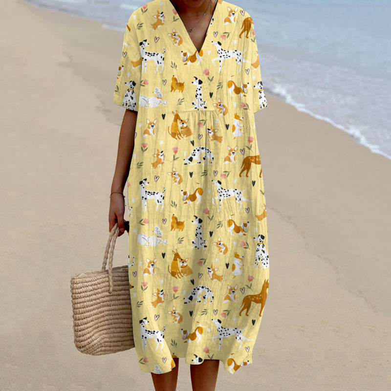 Dog Art  V-neck Linen Short Sleeves Midi Dress artswardrobe