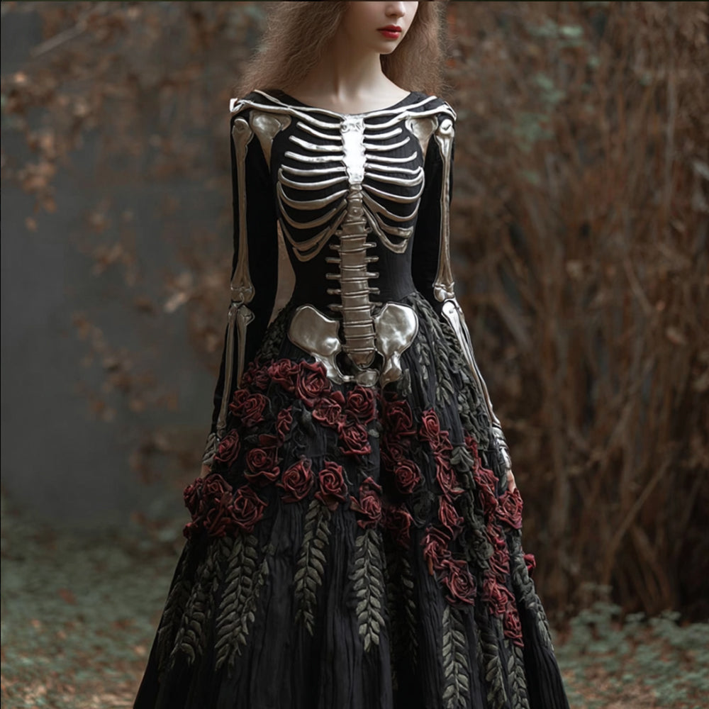 Comstylish Women's Halloween Skeleton Blood Rose Art Round Neck Long Sleeve Dress