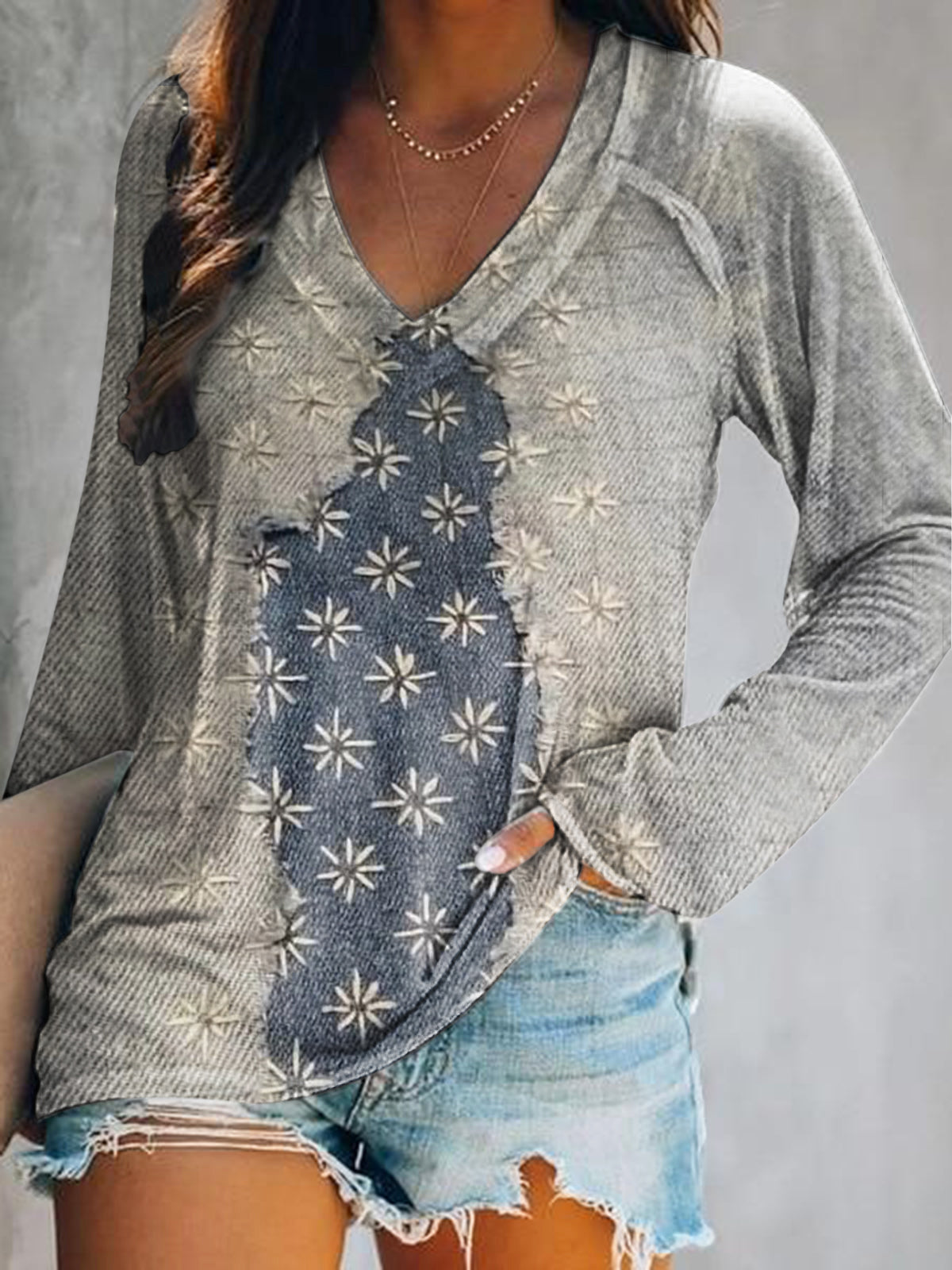 Women's Casual Vintage Floral Patchwork Art Print V Neck Long Sleeve T