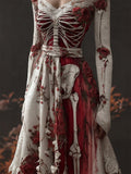 Comstylish Halloween Bloody Roses Skeleton Anatomy Contrast Linen Maxi Dress