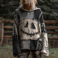 Halloween Spooky Face And Spider Web Patchwork Design Cozy Knit Hooded elevenforest