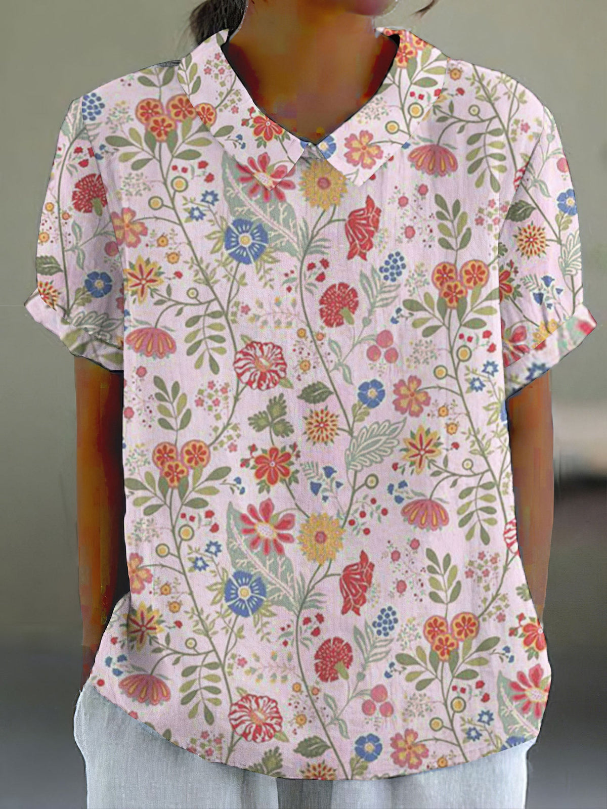 Comstylish Women's Pastoral Floral Art Print Casual Cotton Linen Shirt