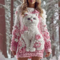 Women's Vintage Cute Cat Rose Pattern Cozy Knit Mini Sweater Dress elevenforest