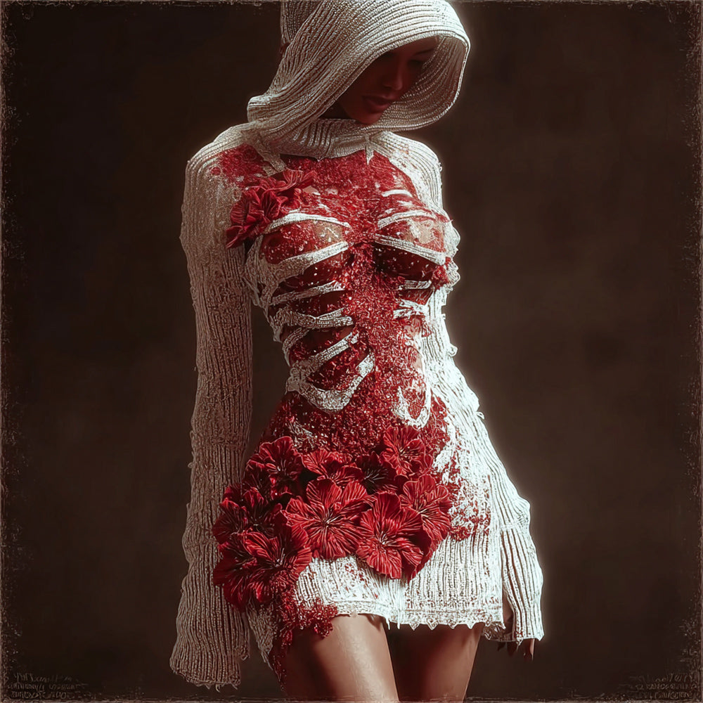 Comstylish Halloween Bandage & Floral Art Women's Knit Hooded Mini Dress