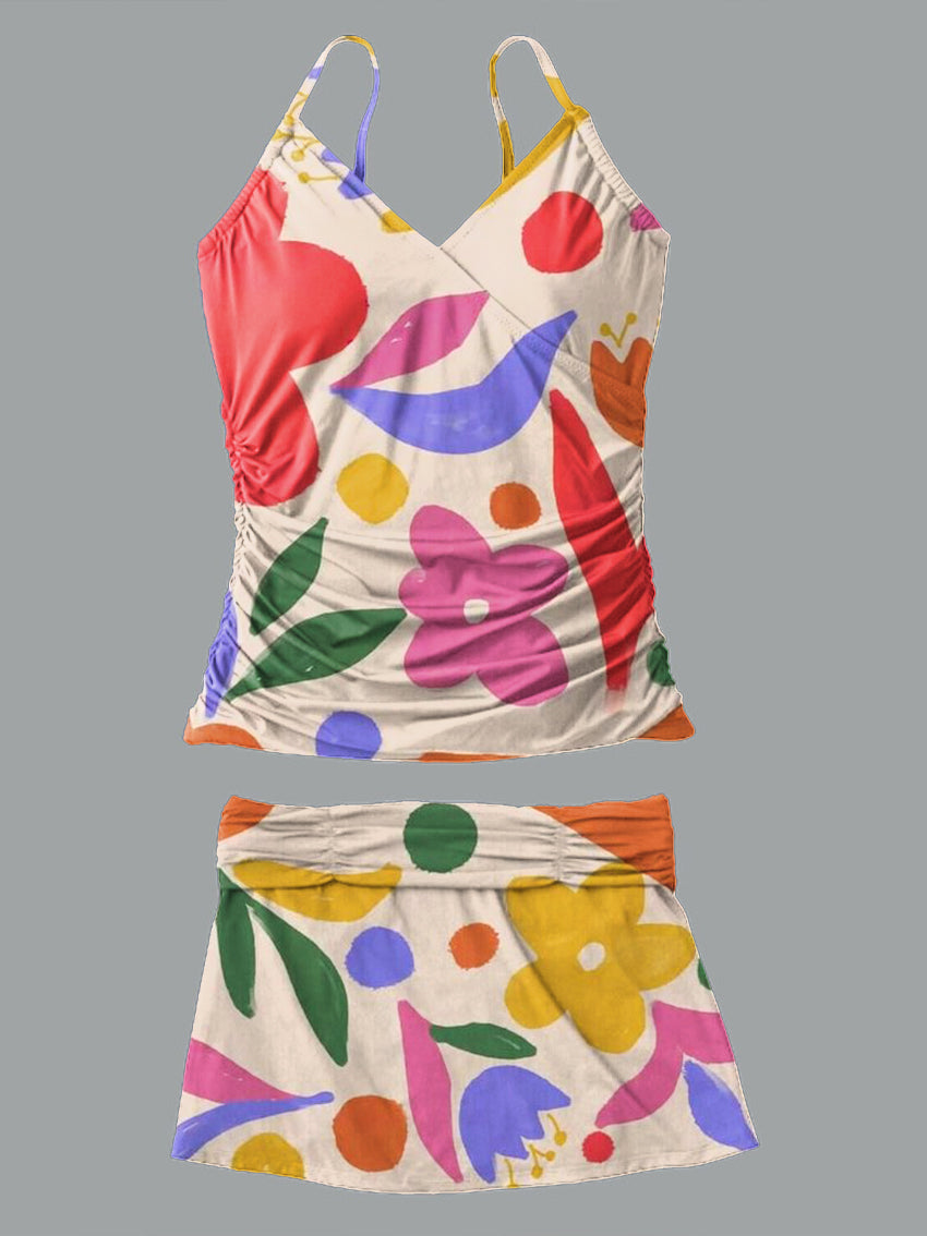V-Neck Vintage Flowers Print Suspender Skirt Tankini Pantskirt Set Swimsuit