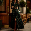 Vintage Green Plaid Inspired Belted Cottagecore Autumn Winter Long Sleeve Button-up Shirt Maxi Dress artswardrobe