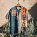 Men's Contrast Colors  Patchwork Sun Linen T-shirt artswardrobe