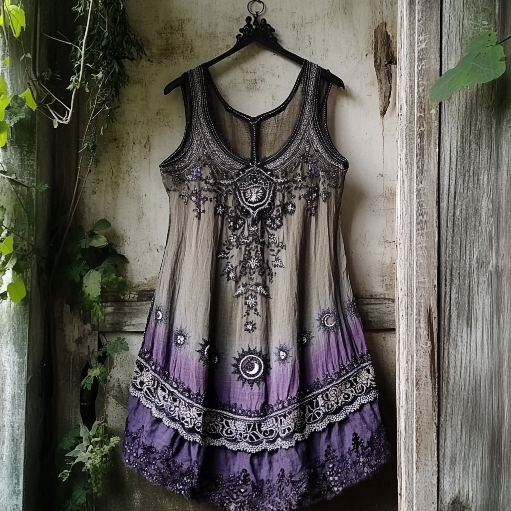 Women's Vintage Tribal Star And Moon Embroidered Sleeveless Dress artswardrobe